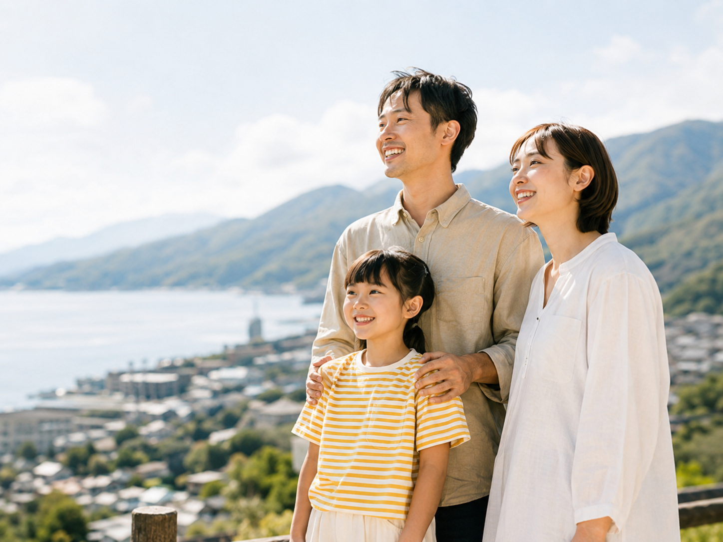 地域の風景を眺める家族